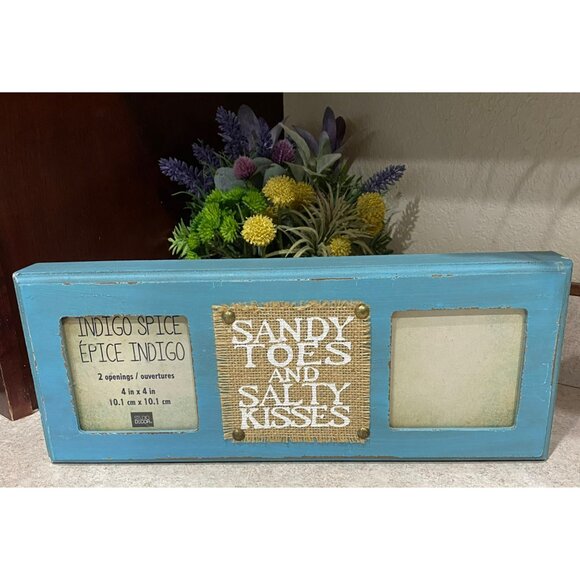 Rustic Blue "Sandy Toes And Salty Kisses" Double Photo Frame  4"x4" Openings Stu - Picture 3 of 4